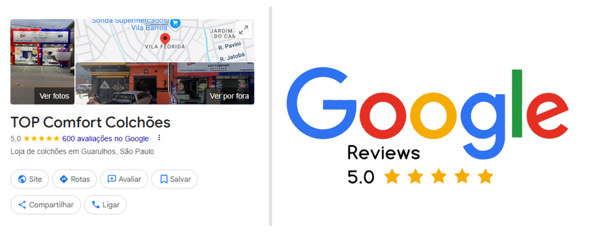Google Business TOP Comfort Colchões - 5 estrelas